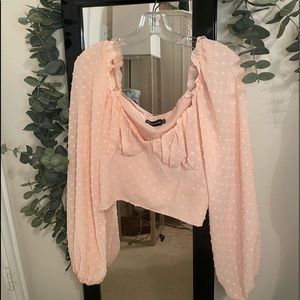 Pretty Little Thing Polka Dot Pink Long Sleeve Cropped Top!